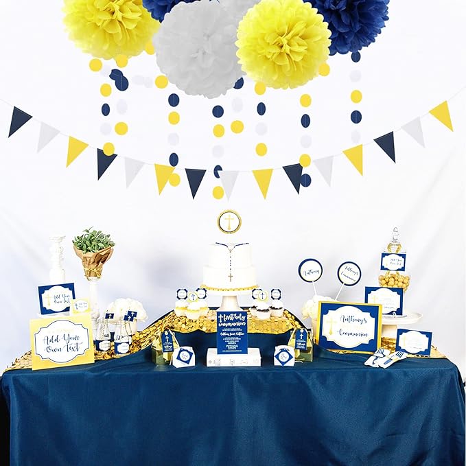 Navy-Blue White-Yellow Graduation Party Decorations - 23pcs Tissue Pom Poms Streamers,Birthday Tassel Garland Banner,Wedding Engagement Baby Bridal Shower Decor Ouruola