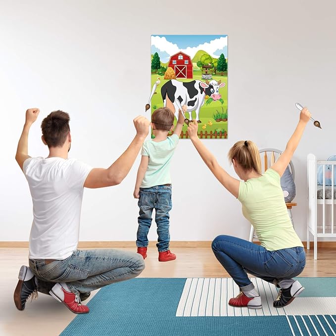 FEPITO Pin The Tail on The Cow Birthday Party Game with 24 Pcs Tails for Decorations, Kids Birthday Party Decorations