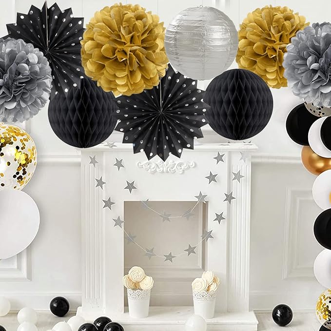 Black Gold Silver Party-Decorations Streamers-Lanterns - 14pcs Graduation 2025 Paper Fan,Tissue Flower Pom Poms Streamers,Honeycomb Balls,Men Birthday Wedding Baby Bridal Shower Decor Ouruola