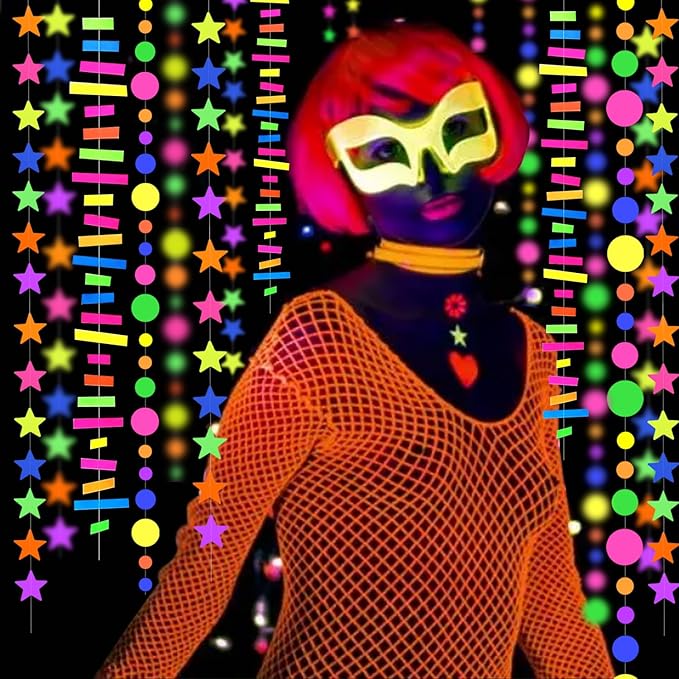 703feet UV Paper Neon Garland Neon Streamers Glow in The Dark Glow Party Supplies and Decorations Glow in The Dark Streamers Blacklight Reactive Fluorescent Black Light Neon Party Supply for Birthday