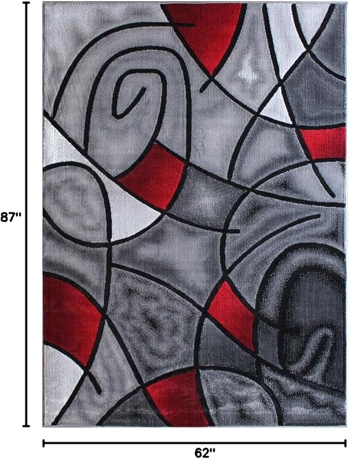 Masada Rugs, Modern Contemporary Area Rug, Red Grey Black. (5 Feet X 7 Feet)