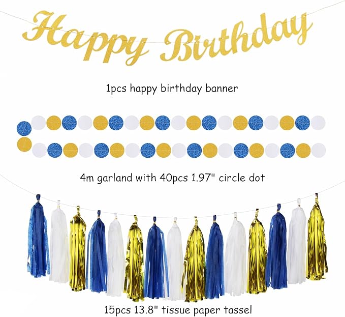 Royal-Navy Blue White Happy-Birthday Party-Decorations - 31pcs Men Women Boys Girl Paper Lanterns Streamers Banner,Gold Tissue Flowers Pom Poms Fans Tassels Graland Decor Supplies Hugmoon