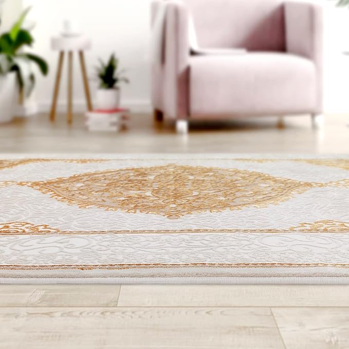 Antep Rugs Babil Gold 4x6 Oriental Bordered High Low Textured Traditional Indoor Area Rug, Beige Gold, 3'11" x 6'