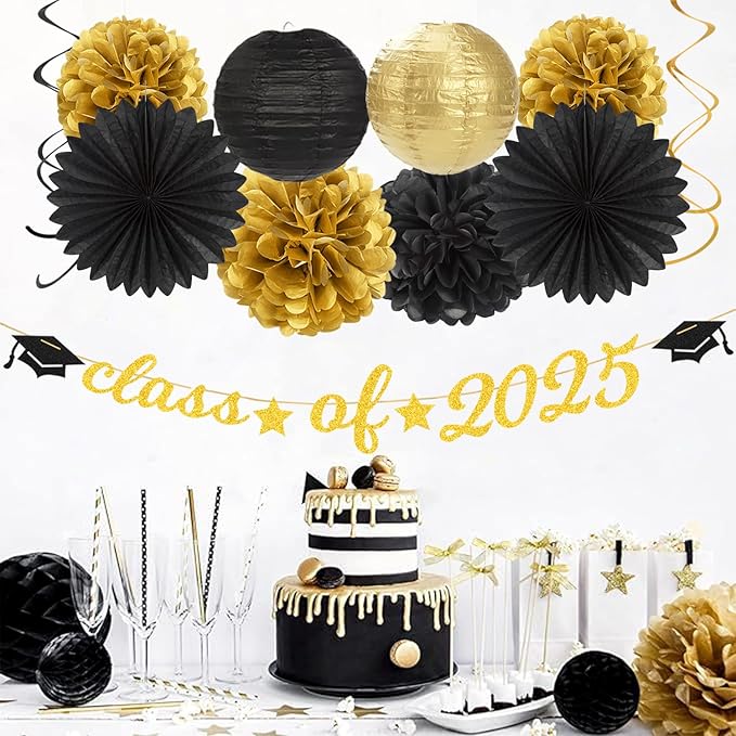 Black-Gold 2025 Class-Congratulations Graduation Party-Decorations - 22pcs High School College Grad Prom Supplies Decor, Tissue Pom Poms Streamers, Paper Flowers Lanterns Hugmoon