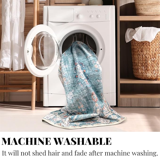 MUJOO Boho Rug 3'x5' Machine Washable Teal Small Area Rugs for Entryway Bedroom Bedside Kitchen Hallway Living Room Laundry Room Indoor Mat Soft Low-Pile Blue Floral Non Slip