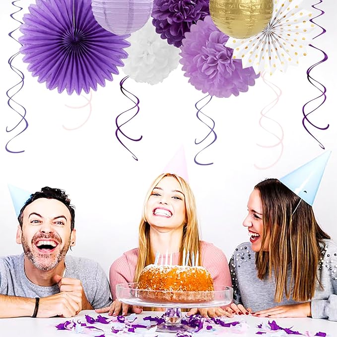 Purple-Lavender White Gold Party Decorations - 20pcs Graduation Birthday Paper Lanterns Fans,Tissue Pom Poms,Honeycomb Balls,Baby Shower Bridal Wedding Bachelorette Valentines Day Decor Burgleda