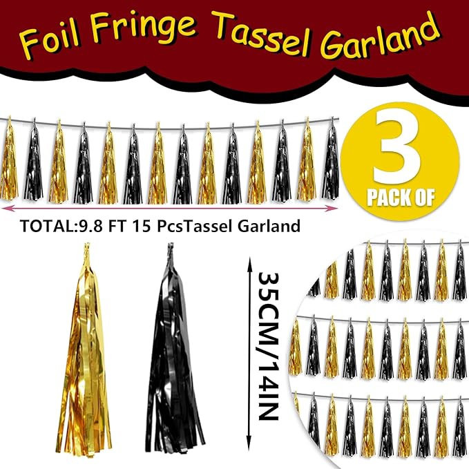 3P Metallic Fringe Tassel Banner Garland Foil Tinsel Streamer Wall Hanging Curtain Backdrop Banner for Parade Floats,Graduation Decorations, Father's Day,New Years Party Decoration(Black Gold)