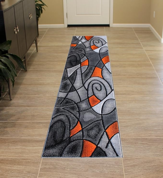 Masada Rugs, Modern Contemporary Runner Area Rug, Orange Grey Black (2 Feet X 7 Feet)