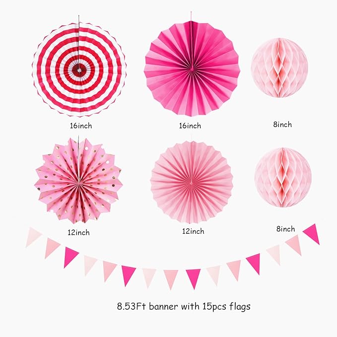 Rose Hot-Pink Party Decorations - 20pcs Paper Lanterns Fans,Tissue Pom Poms,Honeycomb Balls,Bunting,Birthday Wedding Bachelorette Baby Shower Bridal Graduation Engagement Decor Burgleda