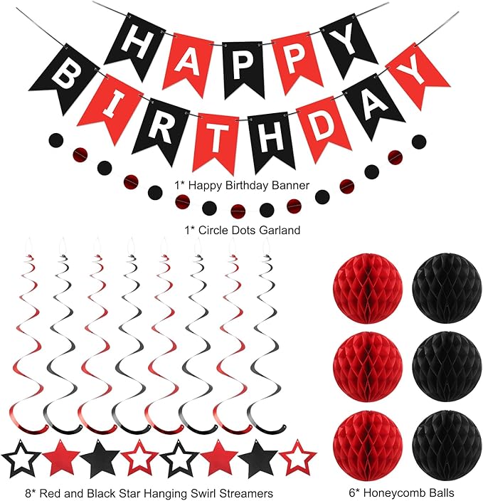 meowtastic Birthday Decorations, Happy Birthday Banner with Honeycomb Balls, Star Hanging Swirl Streamers, Circle Dots Garland, Happy Birthday Party Decorations for Women Men Boys Girls (Red & Black)