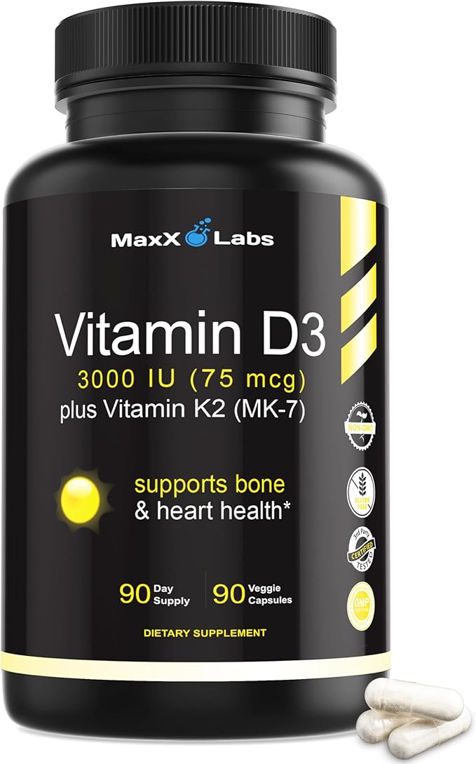 Vitamin D3 K2 3000 IU - with Vitamin K as MK-7 from Natto - High Potency Vitamin D Supplement Support Healthy Bones, Teeth, Heart & Immune Function, Gluten-Free - 90 Capsules