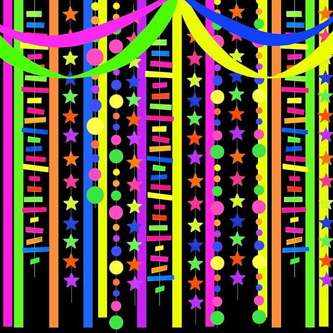 703feet UV Paper Neon Garland Neon Streamers Glow in The Dark Glow Party Supplies and Decorations Glow in The Dark Streamers Blacklight Reactive Fluorescent Black Light Neon Party Supply for Birthday