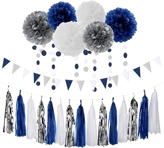 Navy Blue White Silver Party Decorations,23pcs Kit Graduation 2025 Tissue Paper Pom Poms Streamers,Tassel Garland Banner Flowers,Men Birthday Bachelorette Baby Shower Christmas Decor Lasting Surprise