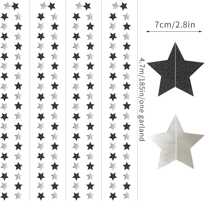 Black-Silver Birthday Graduation Party-Decorations Garland - 62ft Glitter Twinkle Little Star Hanging Streamers Banner Decor,Bachelorette Wedding Baby Bridal Shower New Years Supplies Backdrop Hugtmr