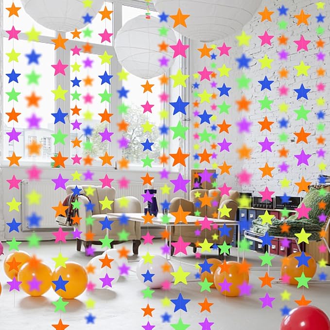 120feet UV Star Paper Neon Garland Neon Streamers Black Light Neon Decorations for Dark Glow Party UV Reactive Neon Party Favors Glow in The Dark Party Supplies for Party Wedding Birthday Banners