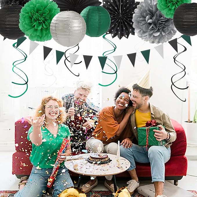 Black Green Silver Football Party-Decorations - 20pcs Soccer Theme Graduation Paper Lanterns Fans,Tissue Pom Poms,Honeycomb Balls,Men Boys Birthday Sports Spring Jungle Baby Shower Decor Burgleda