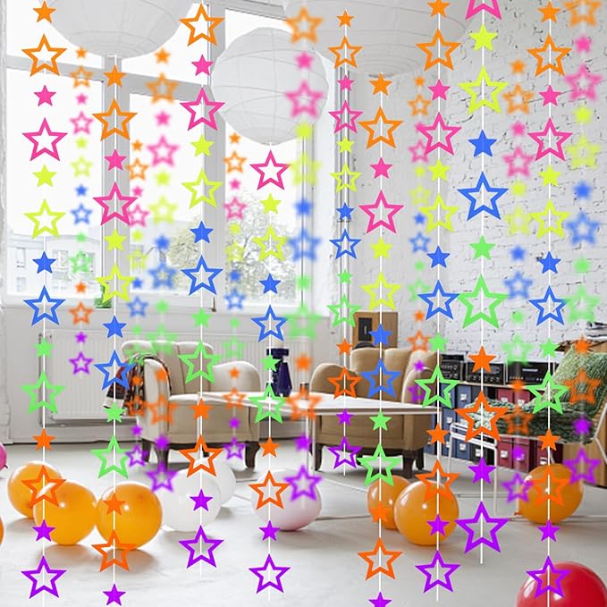 126feet UV Paper Garland Hollowed Star Neon Streamers Black Light Decorations Glow Party UV Reactive Party Favors Glow in The Dark Supplies and Decorations Wedding Birthday Banner
