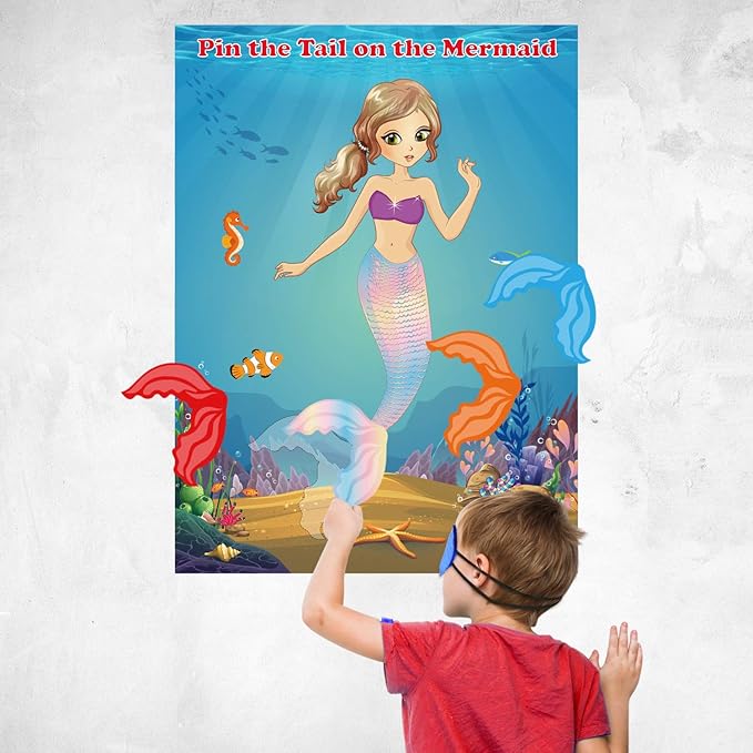 FEPITO Mermaid Party Supplies Pin The Tail on The Mermaid Party Game with 24Pcs Tail Stickers for Kids Birthday Party