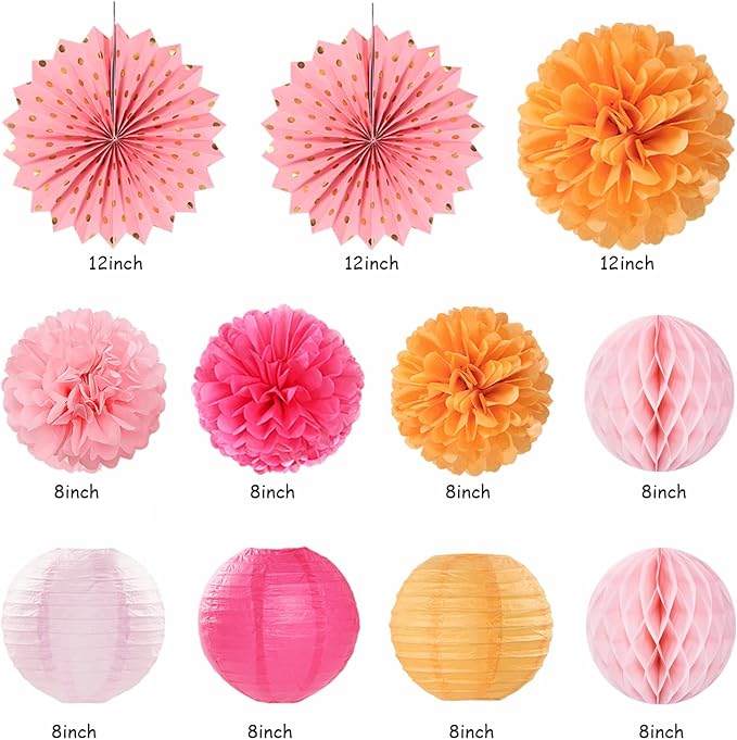 Hot-Pink Orange Fall Birthday Party-Decorations - 21pcs Autumn Women Peach Happy Banner,Girls Groovy Paper Streamers Lanterns Honeycomb,Tissue Flowers Pom Poms Fan, Boho Garland Room Decor