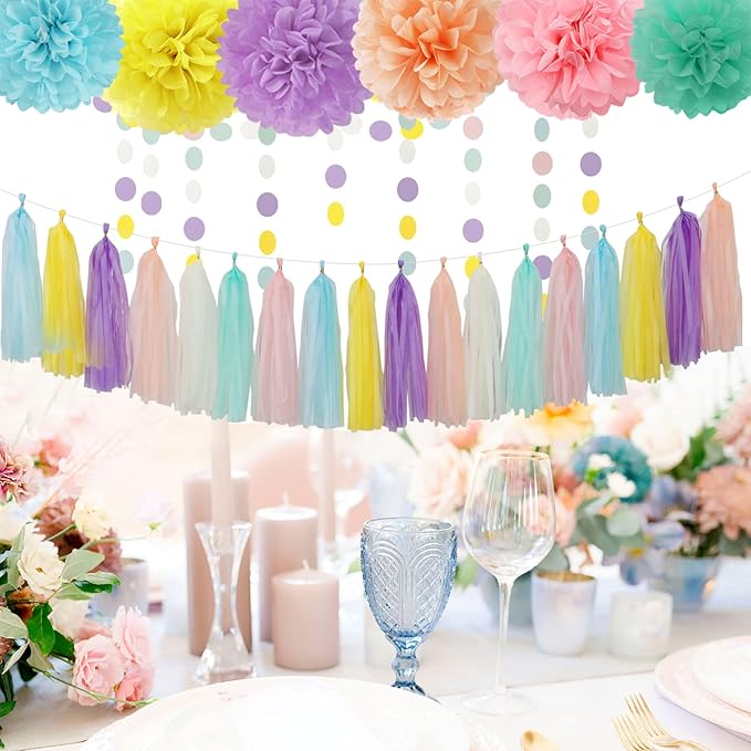 Pastel Rainbow Party-Decorations Supplies Streamers-Garland - 29pcs Baby Shower Birthday Wedding Tissue Pom Poms,Tassel Banner Backdrop Decor Bunting Lasting Surprise