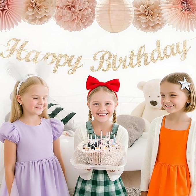 Party Decorations for Women Girls With Happy Birthday Banner Champagne Gold Fringe Curtain Hanging Swirls Butterfly Boho Paper Lanterns Pom Poms Fan Backdrop Decor (Champagne Gold Party Decorations)