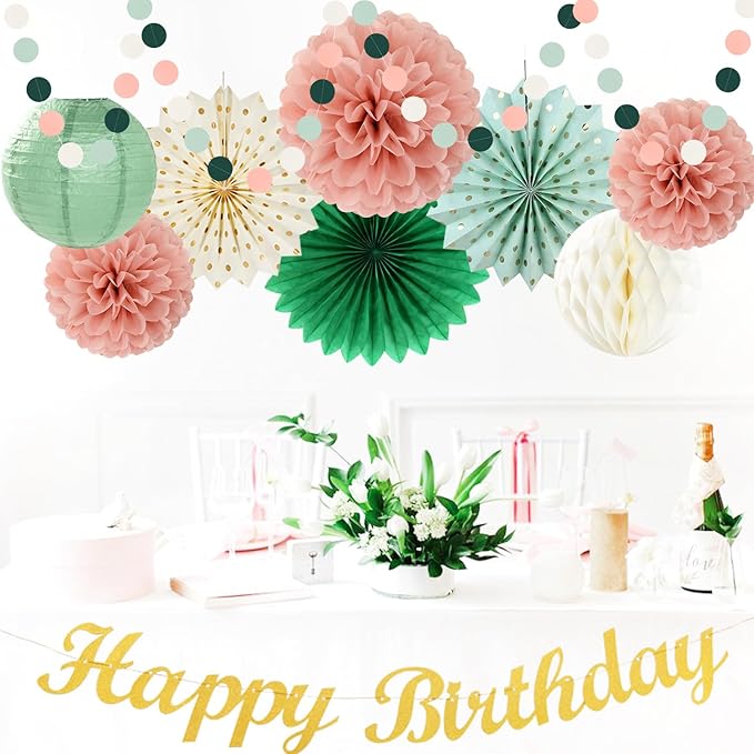 Sage-Green Pink-Gold Boho-Rustic Birthday Party-Decorations - 21pcs Happy Banner,Olive Retro Beige Paper Lanterns Pom Poms,Neutral Streamers Garland,Women Girls Decor Supplies Huglony