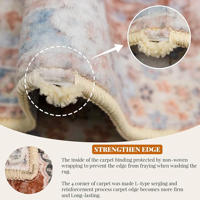 MUJOO 6'x9' Area Rugs for Living Room Washable Rugs Large Boho Carpet for Bedroom Dining Room Neutral Vintage Farmhouse Abstract Non Slip Soft Low-Pile Floral Flowers Orange