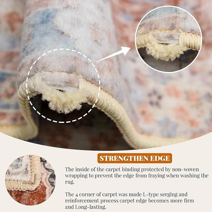 MUJOO Hallway Runner Rug Machine Washable 2'x6 ' Non Slip Boho Runner Rugs for Hallways Entryway Kitchen Bathroom Bedside Retro Soft Low-Pile Orange Navy Blue Flowers