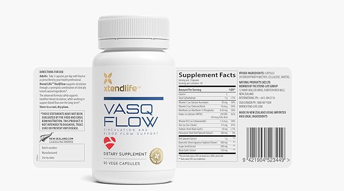 Xtendlife VasQFlow Natural Nitric Oxide Booster Supplement - Circulation & Blood Flow Support with Red Spinach Extract & Aged Garlic - Energy, Heart Health, Muscle Support - 1 Month Supply (90 Count)