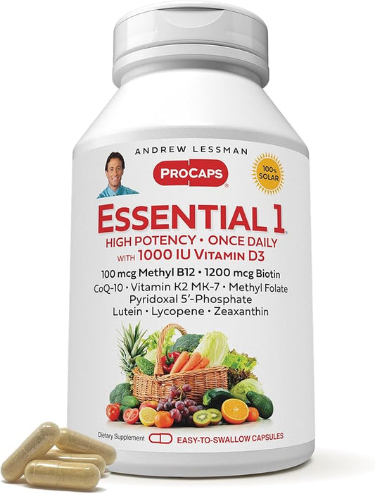 ANDREW LESSMAN Essential-1 Multivitamin 1000 IU Vitamin D3 180 Small Capsules - 100 mcg Methyl B12. CoQ10 Lutein Lycopene Zeaxanthin. High Potency. No Additives. Ultra-Mild. One Daily Capsule