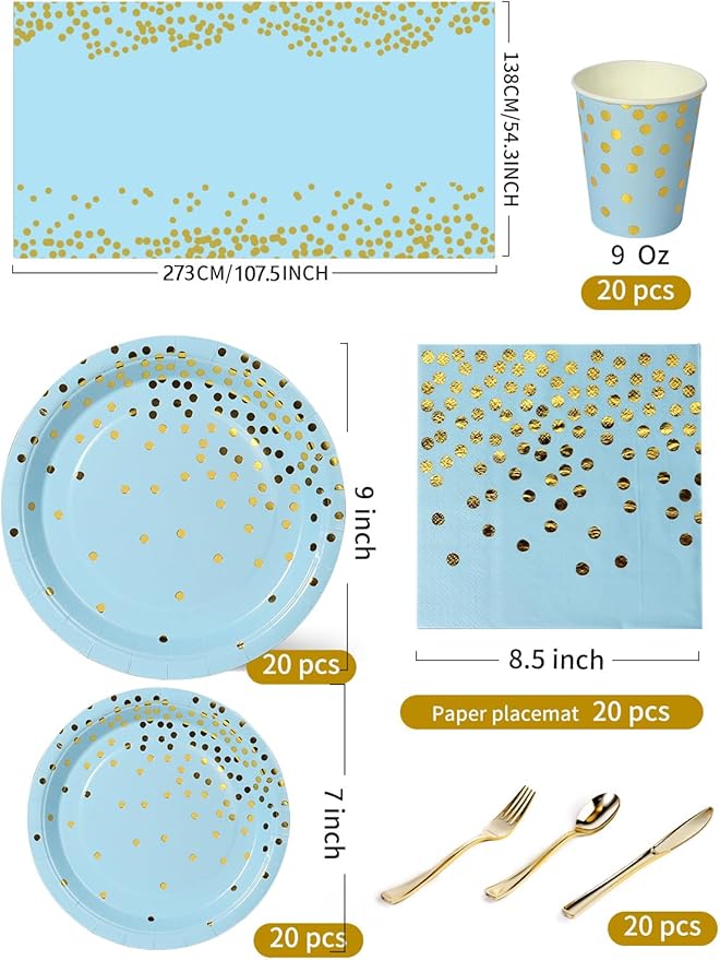 141 Pieces Light Blue and Gold Party Supplies, Party Dinnerware Sets Include Paper Plates Napkins Cups Silverware, for Wedding Bridal Shower Engagement Birthday Parties Decoration -20 Serves
