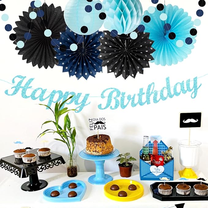 Light-Royal Navy-Blue Black Birthday Party-decorations - 21pcs Boys Men Happy Banner,Paper Streamers Lanterns Honeycomb,Tissue Pom Poms Fan,Adult Supplies Decor 16th 20th 40th 45th 50th 60th Huglony