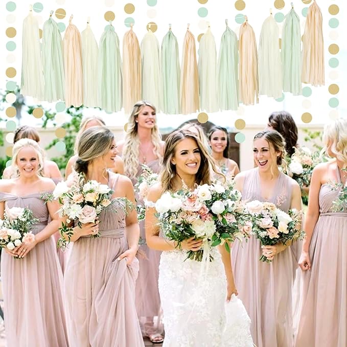Sage-Green Beige Champagne-Gold Party-Decorations - 33pcs Neutral Women Birthday Baby Shower Banner,Streamers Tassel Garland,Tissue Pom Poms,Paper Lantern Fans,Boho Wedding Bachelorette Decor Hugtmr