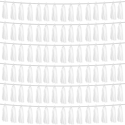 6P White Foil Fringe Metallic Tassel Streamers Banner Tassel Garland for Parade Floats, Graduation, Wedding, Birthday, Graduation, Christmas, Bridal/Baby Shower Party Decorations