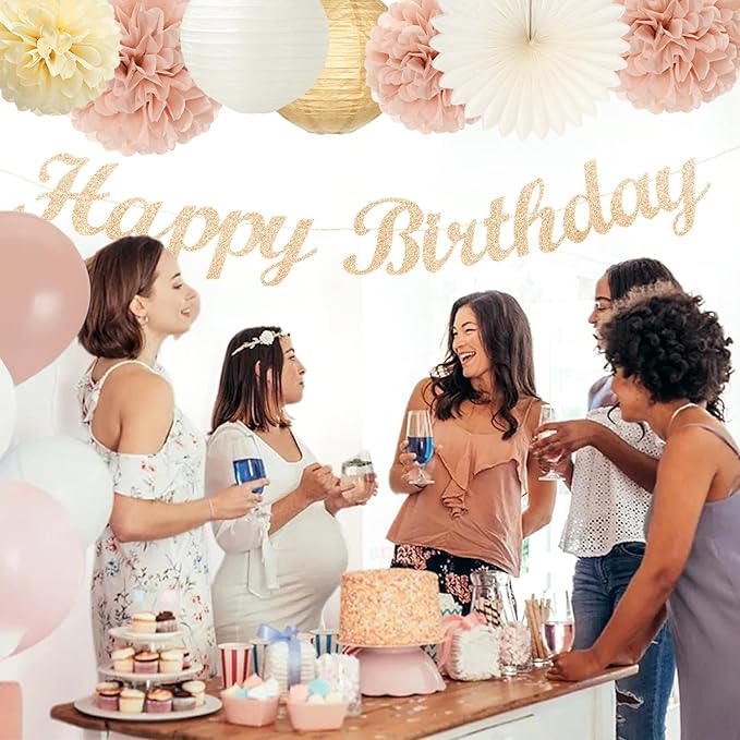 Champagne-Gold Beige 16 Happy Birthday Party-Decorations - 22pcs 21st Women Girls Paper Lanterns Streamers Banner Pom Poms,Fall Boho Aesthetic Bohemian Rose Groovy Decor Backdrop Supplies Hugmoon