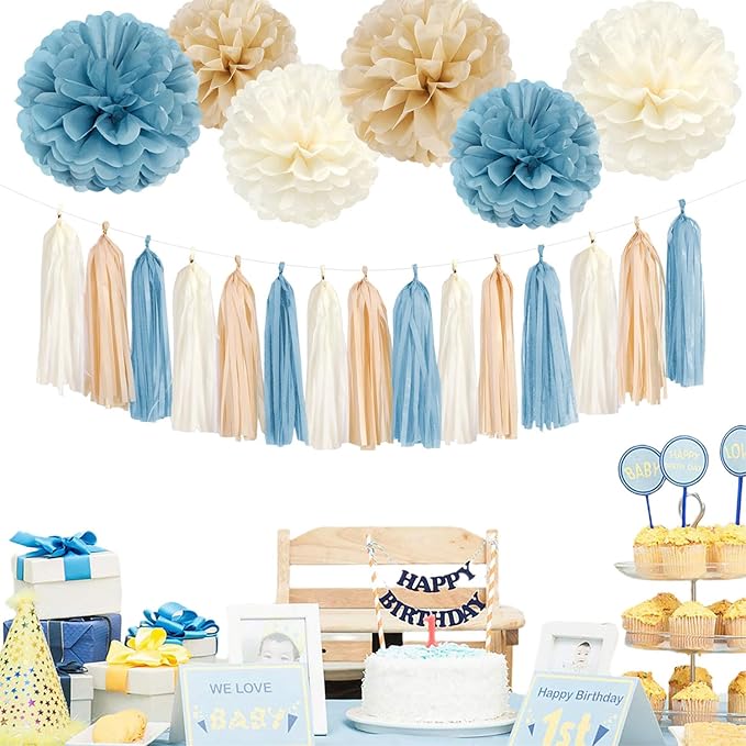 Light-Dusty Blue Beige-Champagne Boho Party Decorations - 23pcs Baby Bridal Shower Tissue Pom Poms Streamers,Women Girls Birthday Tassel Garland Banner,Bachelorette Wedding Decor Backdrop Ouruola