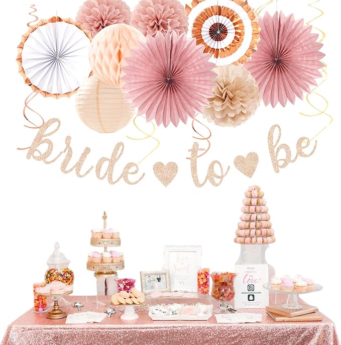 Blush-Pink Rose-Gold Bridal-Shower Party Decorations - 21pcs Bride to Be Sign Banner,Bachelorette Paper Lanterns Honeycomb,Wedding Streamers Garland,Fall Tissue Pom Poms Fans Decor Supplies Burgleda