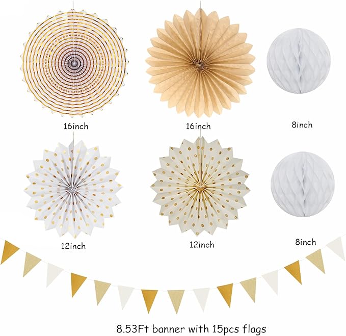 Beige-Champagne Gold White-Peach Boho Party-Decorations - 20pcs Neutral Baby Shower Rustic Wedding Paper Lanterns Fans,Tissue Pom Poms,Honeycomb Balls,Bunting,Birthday Bridal Decor Burgleda