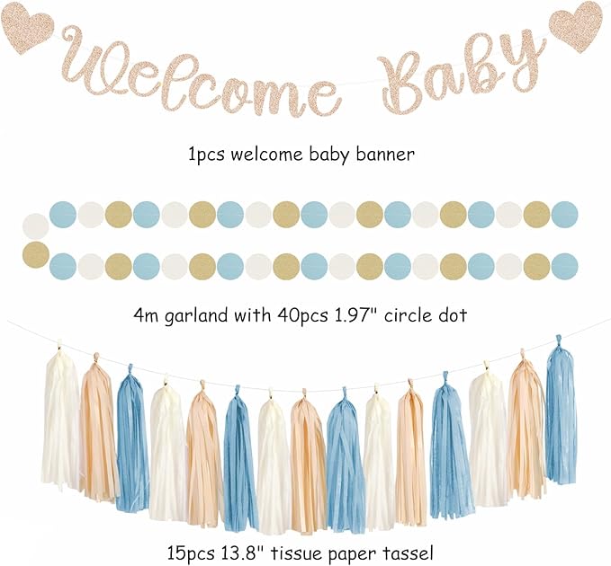Light-Dusty Blue Beige-Champagne Baby-Shower Party-Decorations - 31pcs Welcome Home Banner Sign,Boy Paper Lanterns,Neutral Streamers Garland,Boho Tissue Pom Poms Flowers Fans Backdrop Decor Burgleda