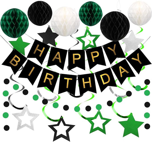 meowtastic Birthday Decorations, Happy Birthday Banner with Honeycomb Balls, Star Hanging Swirl Streamer, Circle Dot Garland, Happy Birthday Party Decorations for Women Men Boys Girls (Green & Black)