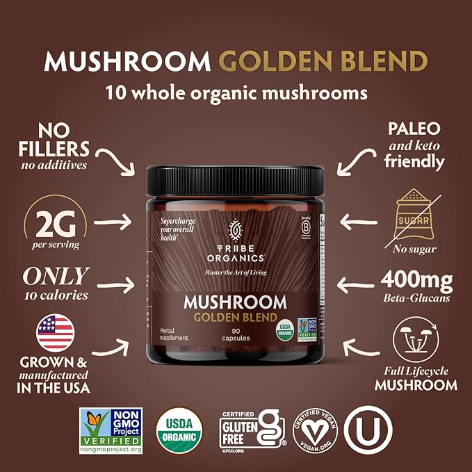 TRIBE ORGANICS Mushroom Golden Blend Vegan Capsules Supplement - Adaptogenic Mushrooms Powder Immune Support Supplement - 10-in-1 Mushrooms for Immunity Support & Brain Health - 90 Count 30 Servings