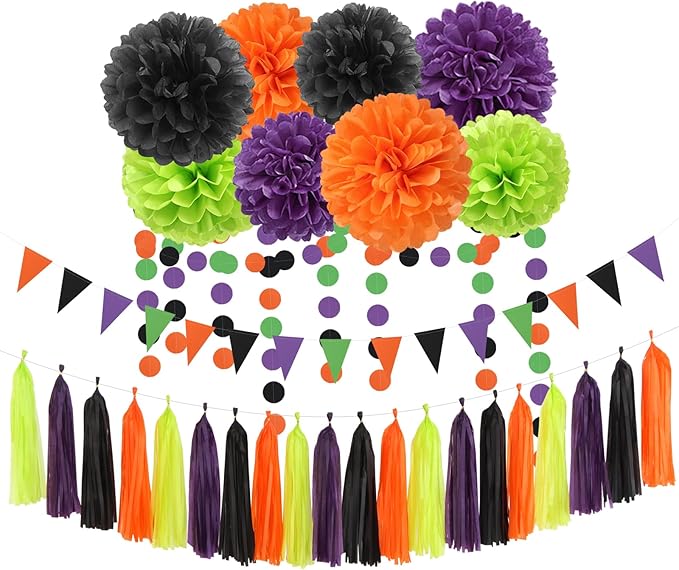 Black-Purple Orange Green Halloween Party-Decorations - 30pcs Tissue Pom Poms Streamers,Tassel Garland Banner,Birthday Wedding Baby Bridal Shower Decor Bunting Supplies Lasting Surprise