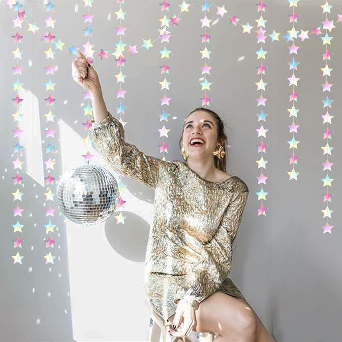 Iridescent Disco-Holographic Party-Decorations Christmas Garland - 62ft Twinkle Little Star Streamers Hanging Banner,Wedding Birthday Bachelorette Baby Bridal Shower Decor Hugtmr