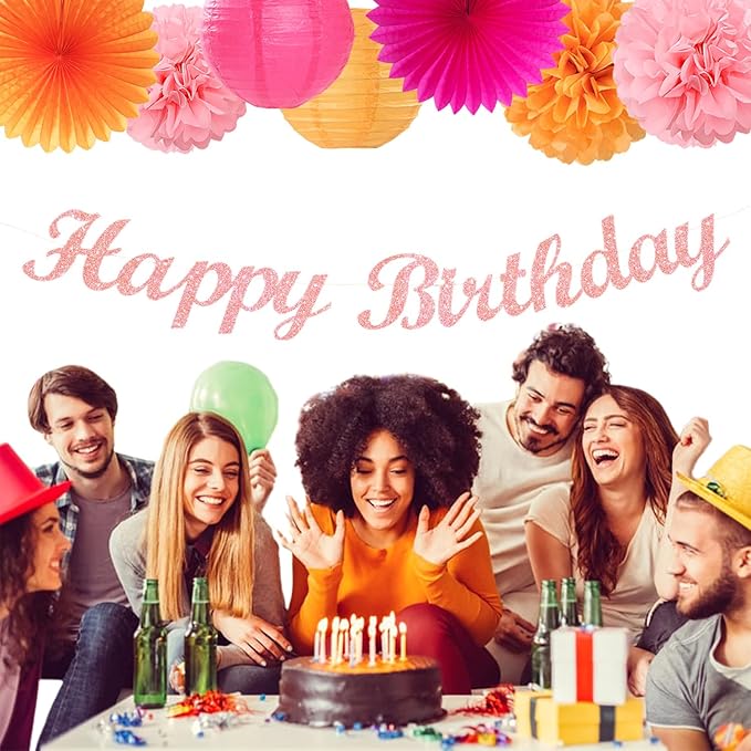 Hot-Pink Orange 21st Happy-Birthday Party-Decorations - 31pcs Sweet 16 18th Women Girls Paper Lanterns Streamers Banner,Tissue Pom Poms Fans Tassels Graland Decor,Fall Boho Backdrop Supplies Hugmoon