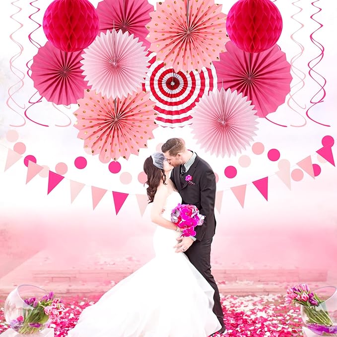 Hot-Pink Rose Red Party-Decorations - 33pcs Banner,Streamers Tassel Garland,Tissue Pom Poms Honeycomb,Paper Lanterns Fan,Birthday Wedding Bridal Baby Shower Bachelorette Engagement Decor Hugtmr