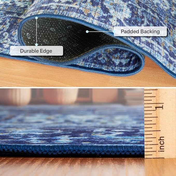 ReaLife Rugs Machine Washable Area Rug Runner - Living Room Bedroom Bathroom Kitchen Entryway Office - Padded Low Pile Stain Resistant Premium - Boho Vintage Traditional - Lyle - Blue 2'6" x 8'