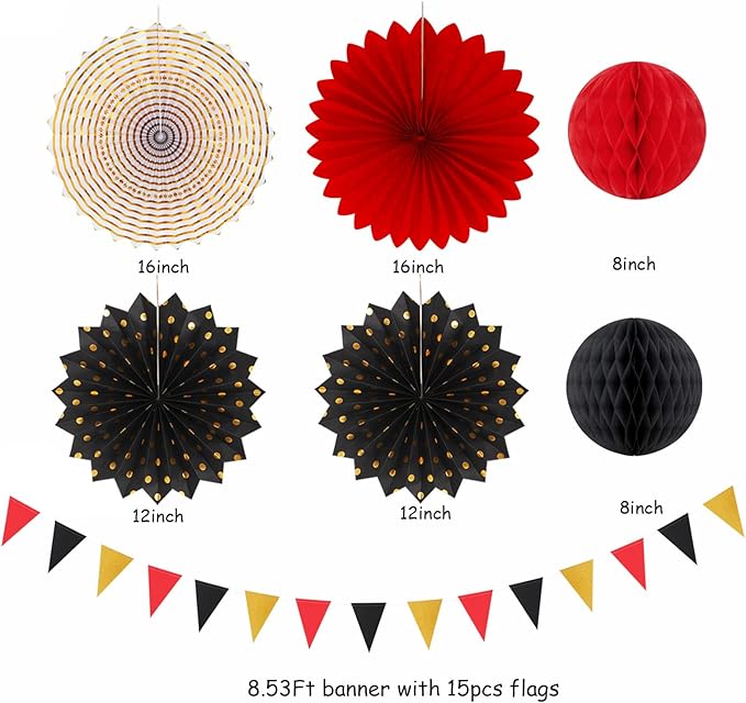 Red-Black Gold Casino Theme Party-Decorations - 20pcs Game Night Paper Lanterns Fans,Tissue Pom Poms,Honeycomb Balls,Bunting,Birthday Graduation Wedding Bridal Baby Shower Decor Burgleda