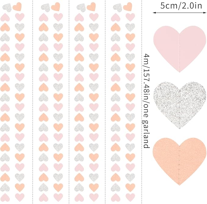 Pink-Silver Peach Birthday Party-Decorations Streamers - 52FT Hanging Heart Garland Banner,Baby Bridal Shower Engagement Anniversary Bachelorette Wedding Backdrop Decor Hugtmr