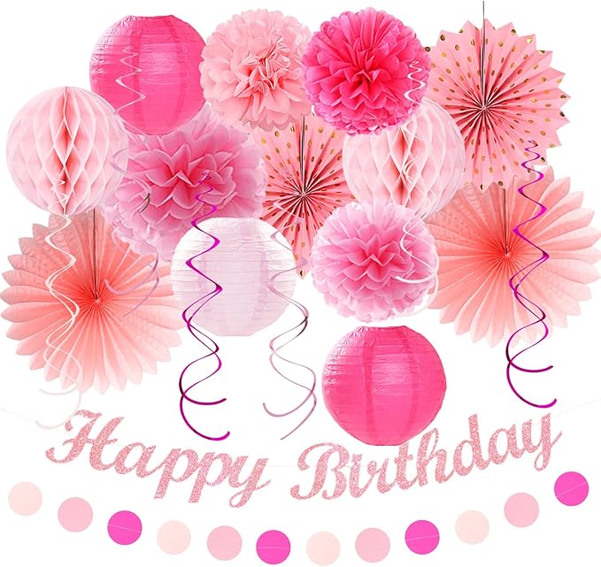 Light Hot Pink Birthday Party-Decorations - 21pcs Girl Happy Banner,Paper Lanterns Honeycomb,Tissue Pom Poms Flower Fan,Hanging Streamers Garland,18th 21st 30th Women Birthday Decor Supplies Huglony