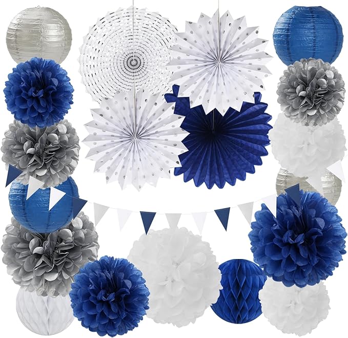 Navy-Blue White Silver Party-Decorations - 20pcs Graduation Paper Lanterns Fans,Tissue Pom Poms,Honeycomb Balls,Bunting,Birthday Bridal Bachelorette Christmas Baby Shower Wedding Decor Burgleda
